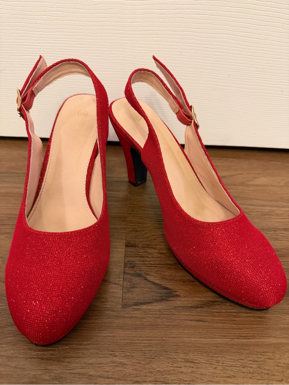 Ruby Red Slippers - Glitter Slingback Mid Heel Pumps Adjustable Strap Size 9.5